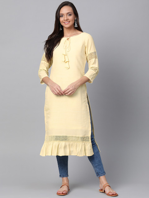 

Inddus Women Yellow Solid Lace Ruffled Straight Kurta
