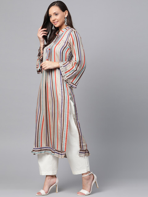 

Inddus Women Beige & Green Striped Pleated Ruffled Straight Kurta