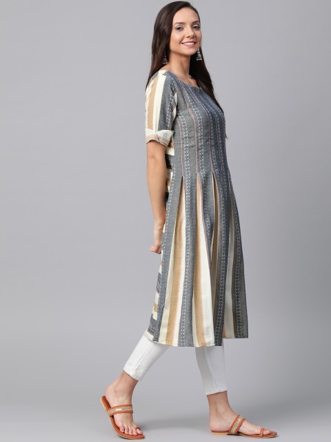 

Inddus Women Navy Blue & Off-White Ethnic Woven Design Pleated Anarkali Kurta