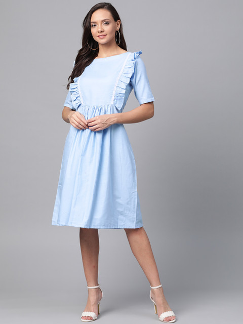 

Inddus Women Blue Solid Ruffled A-Line Dress