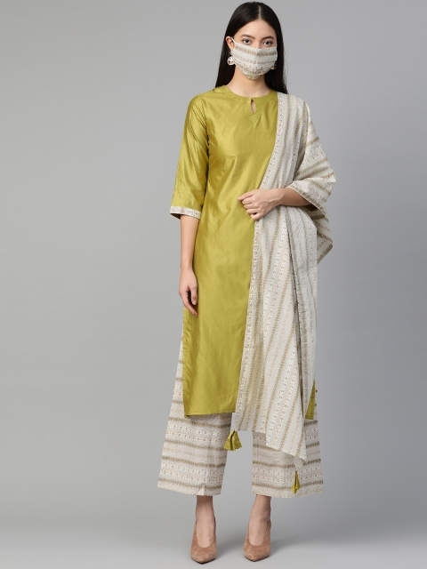 

Indo Era Women Olive Green Off-White Solid Kurta Set with Dupatta