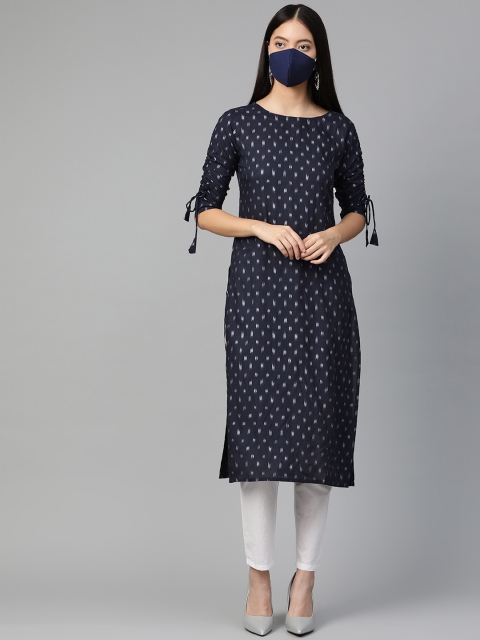 

Indo Era Women Navy Blue Silver Printed Straight Kurta