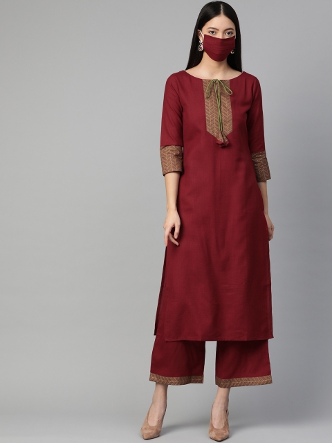 

Indo Era Women Maroon & Olive Green Yoke Design Kurta with Palazzos & Mask