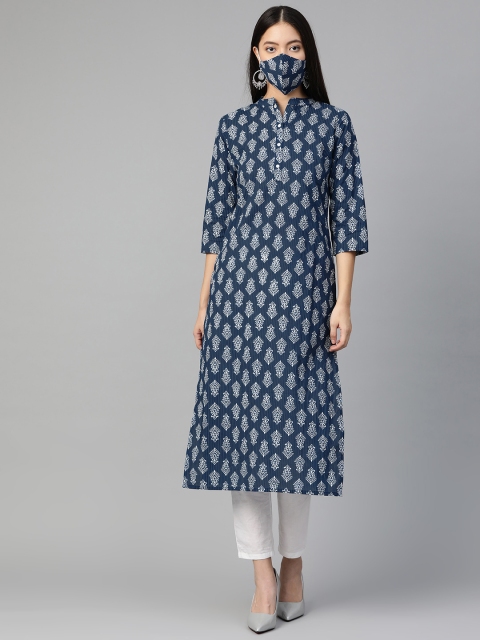

Indo Era Women Navy Blue & White Printed Straight Kurta with Mask