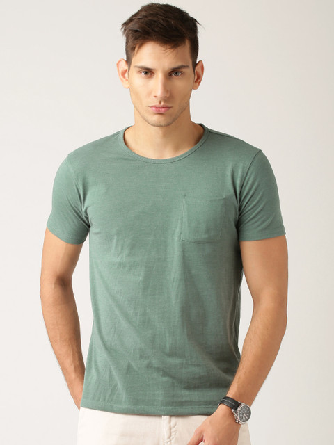 

ether Men Green Melange Solid Round Neck T-shirt
