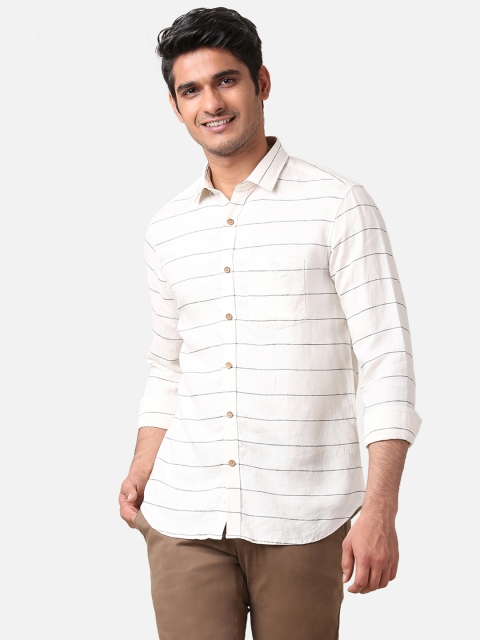 

True Blue Men Off-White & Grey Slim Fit Striped Smart Casual Shirt