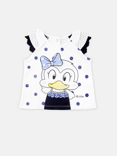 

Chicco Girls White Navy Blue Printed Round Neck Pure Cotton T-shirt