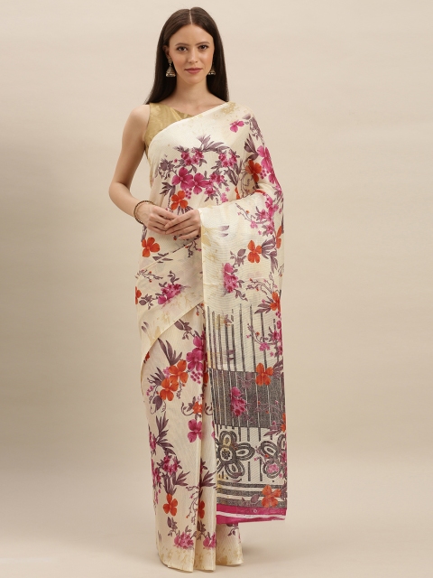 

KALINI White & Pink Polycotton Printed Mangalagiri Saree