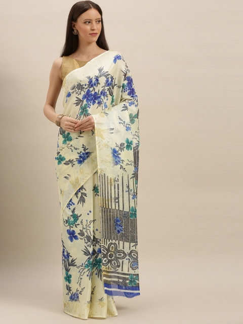 

KALINI Off-White & Blue Polycotton Printed Mangalagiri Saree