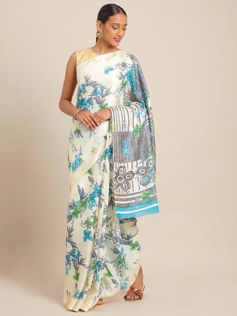 

KALINI White & Blue Polycotton Printed Mangalagiri Saree