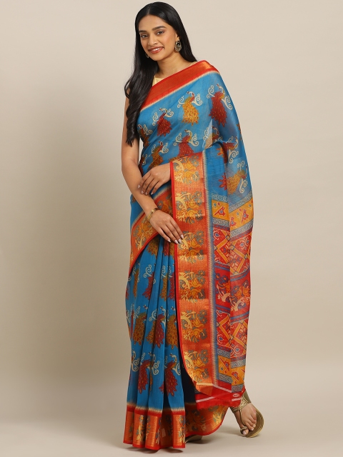 

KALINI Blue & Orange Polycotton Printed Mangalagiri Saree
