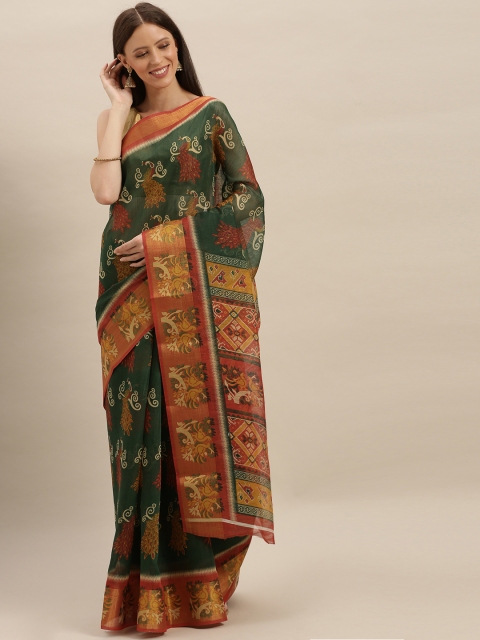 

KALINI Olive Green & Orange Polycotton Printed Mangalagiri Saree