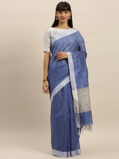 

KALINI Blue & White Poly Silk Checked Banarasi Saree