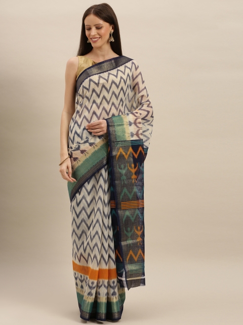 

KALINI Off-White & Navy Blue Polycotton Printed Ikat Saree
