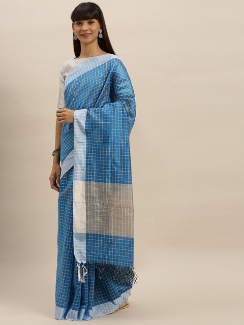 

KALINI Blue & Grey Poly Silk Checked Banarasi Saree