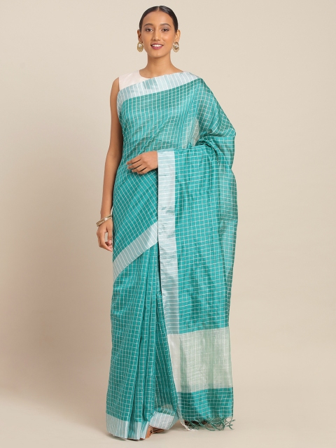 

KALINI Teal Blue & Silver-Toned Poly Silk Checked Banarasi Saree