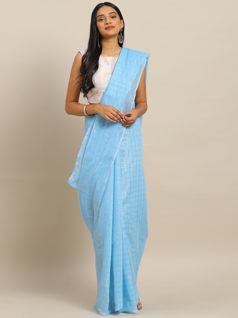 

KALINI Blue & Gold-Toned Poly Silk Checked Chanderi Saree