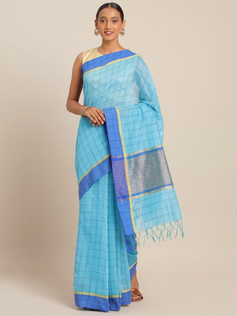 

KALINI Blue Poly Silk Checked Banarasi Saree