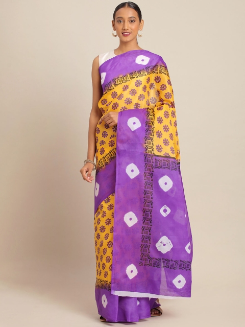 

KALINI Purple & Mustard Polycotton Printed Mangalagiri Saree