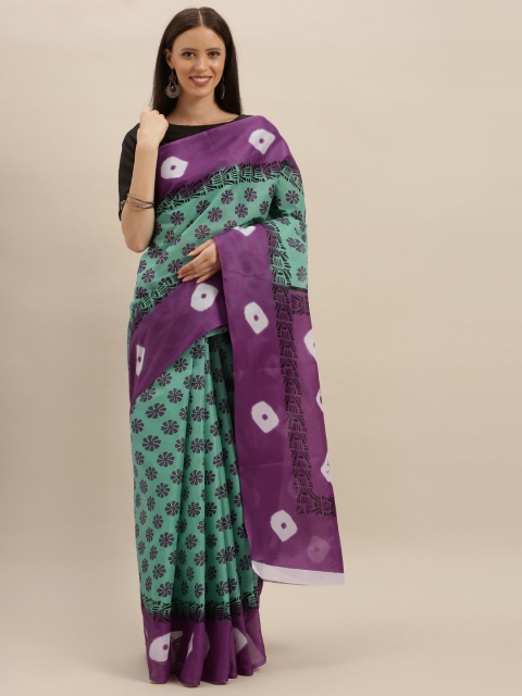 

KALINI Sea Green & Purple Polycotton Printed Mangalagiri Saree