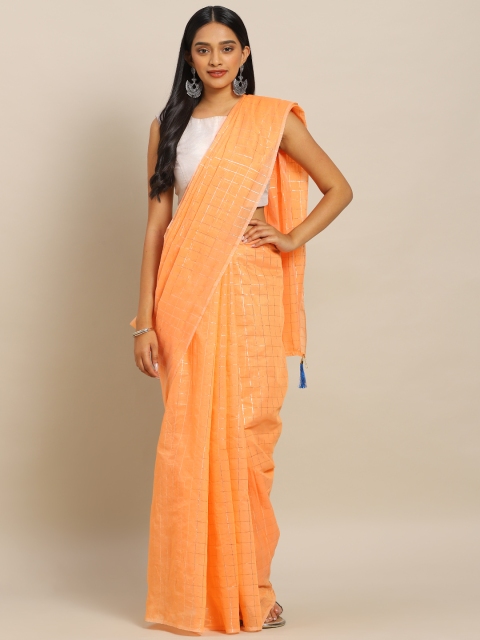 

KALINI Orange & Black Poly Silk Checked Chanderi Saree