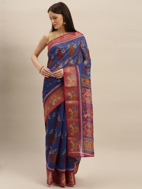 

KALINI Blue & Maroon Polycotton Printed Mangalagiri Saree