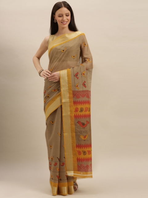 

KALINI Beige & Mustard Yellow Polycotton Printed Bhagalpuri Saree