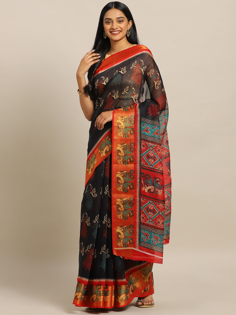 

KALINI Black & Orange Polycotton Printed Mangalagiri Saree