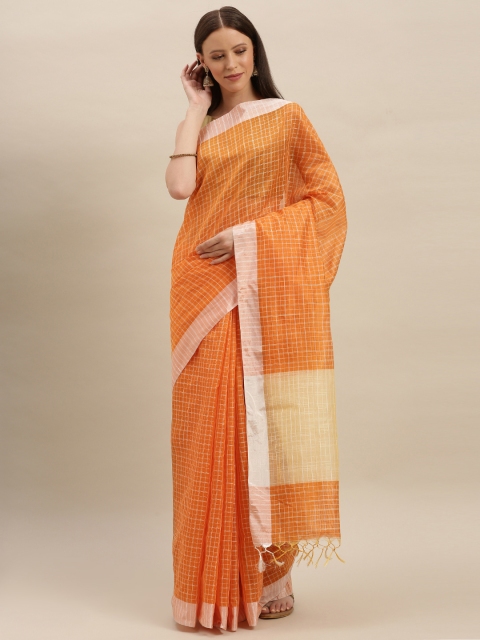 

KALINI Orange & Beige Poly Silk Checked Banarasi Saree