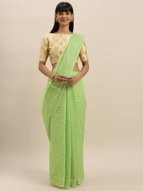 

KALINI Green & Gold-Toned Poly Silk Checked Chanderi Saree