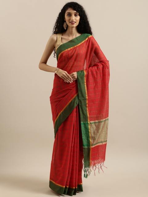 

KALINI Red & Green Poly Silk Checked Banarasi Saree