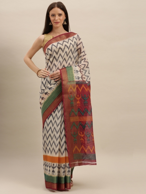 

KALINI White & Navy Blue Polycotton Printed Ikat Saree