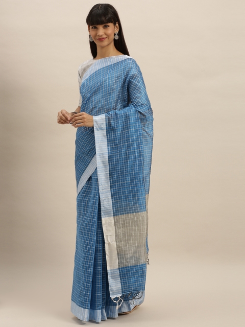 

KALINI Blue & Beige Poly Silk Checked Banarasi Saree