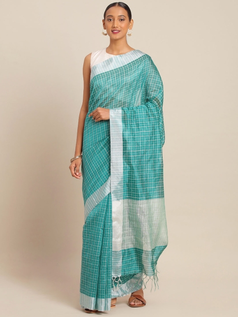 

KALINI Teal Green & White Poly Silk Checked Banarasi Saree