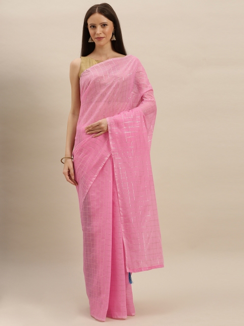 

KALINI Pink & Gold-Toned Poly Silk Checked Chanderi Saree