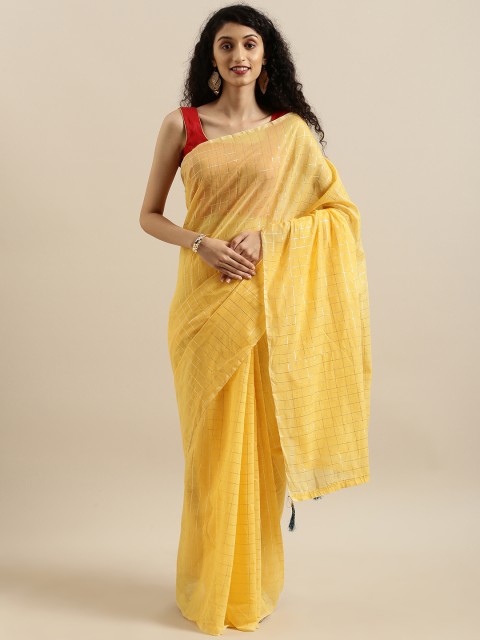 

KALINI Yellow & Green Poly Silk Checked Chanderi Saree