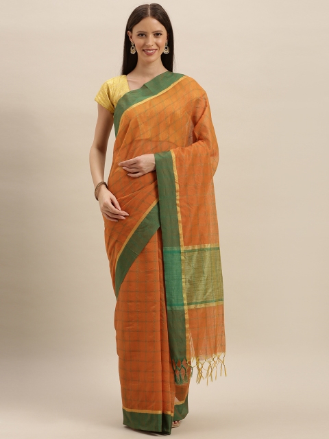 

KALINI Orange & Green Poly Silk Checked Banarasi Saree