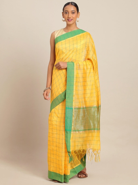 

KALINI Yellow & Green Poly Silk Checked Banarasi Saree