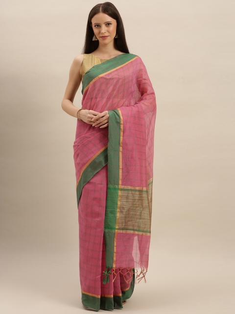 

KALINI Pink & Green Poly Silk Checked Banarasi Saree