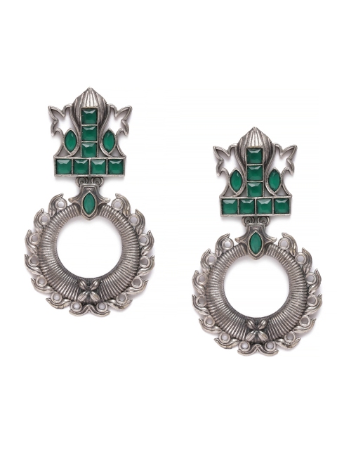 

VIDRUKARIH Silver-Toned & Green Circular Drop Earrings