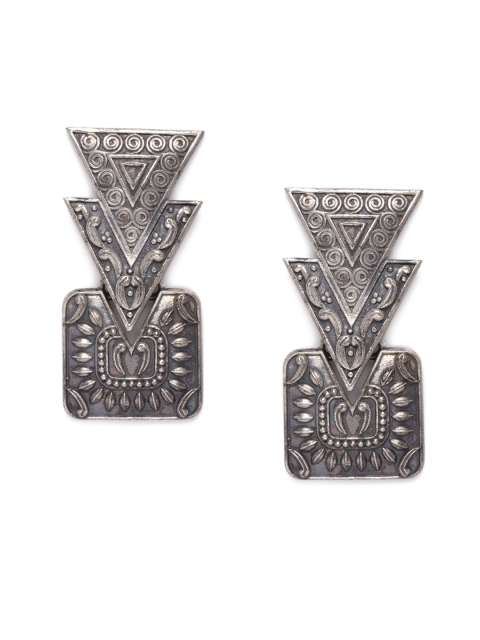 

VIDRUKARIH Silver-Toned Oxidised Geometric Drop Earrings