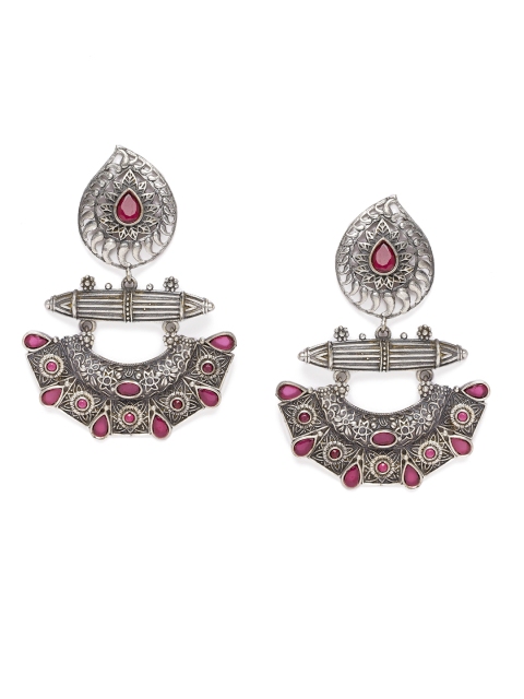 

VIDRUKARIH Women Silver-Toned & Red Geometric Drop Earrings