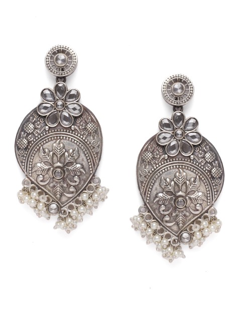 

VIDRUKARIH Silver-Toned & White Floral Drop Earrings