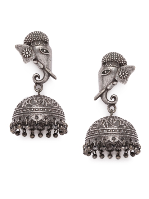 

VIDRUKARIH Silver-Toned Oxidized Dome Shaped Jhumkas
