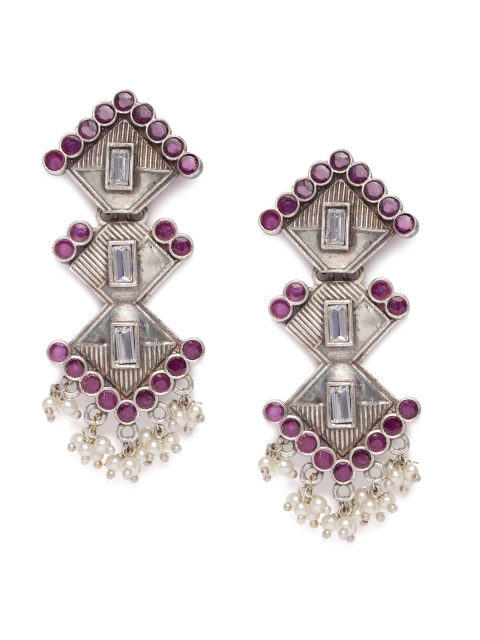 

VIDRUKARIH Silver-Toned & Purple Geometric Drop Earrings