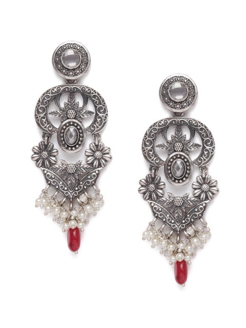 

VIDRUKARIH Silver-Toned & Red Classic Oxidised Drop Earrings