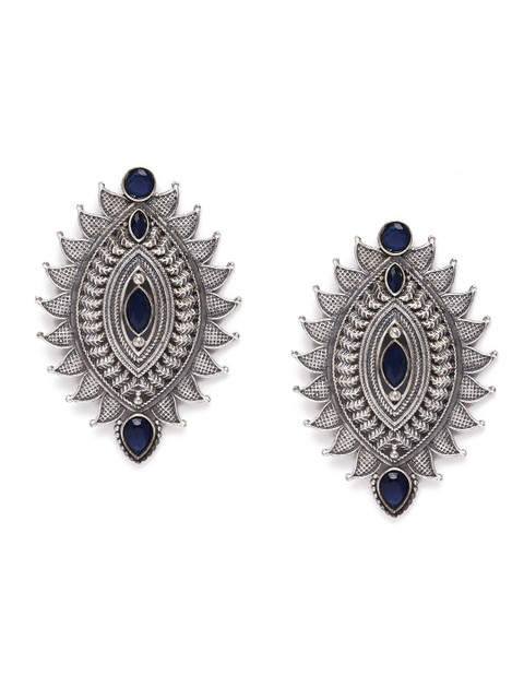 

VIDRUKARIH Silver-Toned & Blue Oxidised Contemporary Drop Earrings
