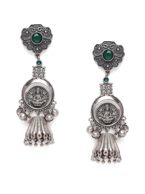 

VIDRUKARIH Silver-Toned & Green Oxidised Classic Drop Earrings