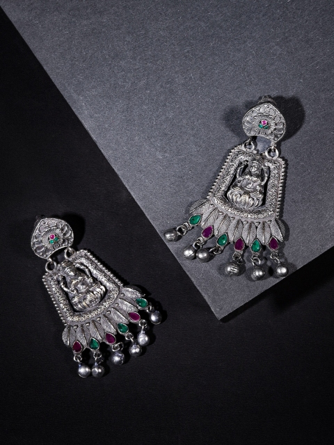 

VIDRUKARIH Silver-Toned & Green Oxidised Classic Drop Earrings