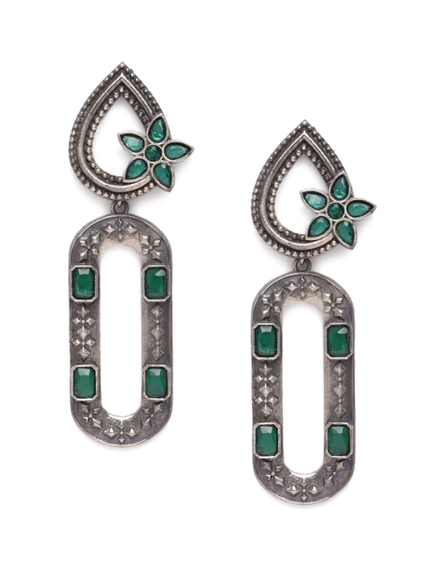 

VIDRUKARIH Green & Silver-Toned Oxidized Classic Drop Earrings